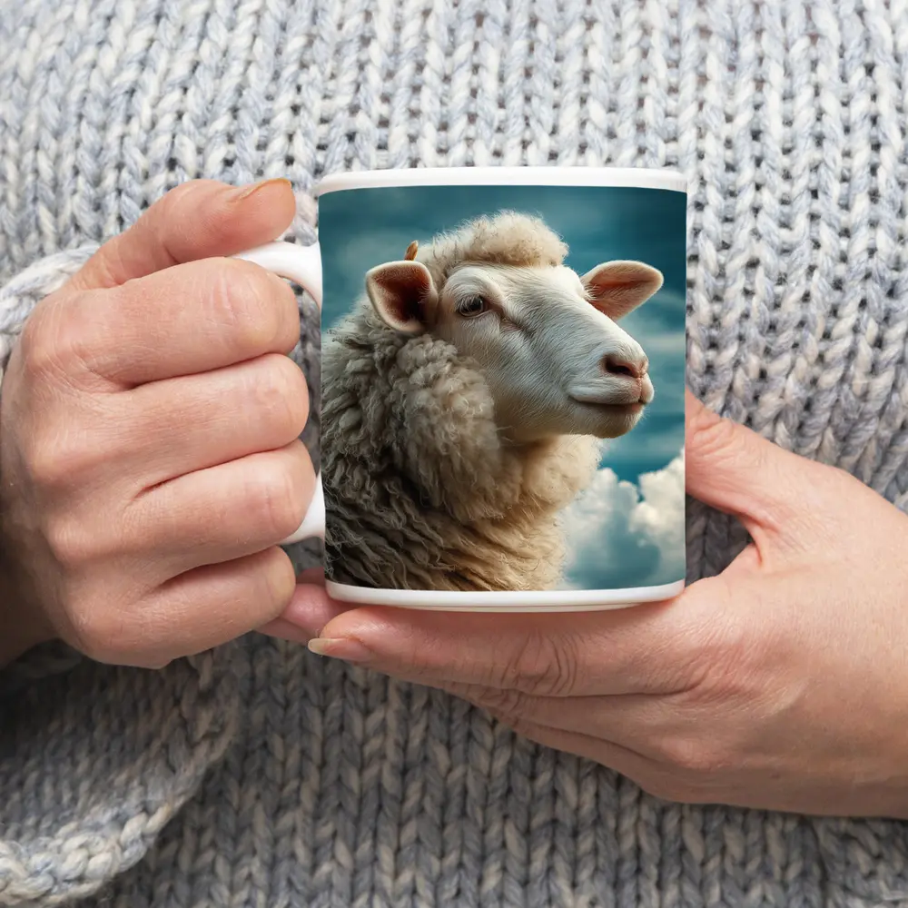 Wool Sheep Portrait Against Cloudy Blue Sky – Mugs