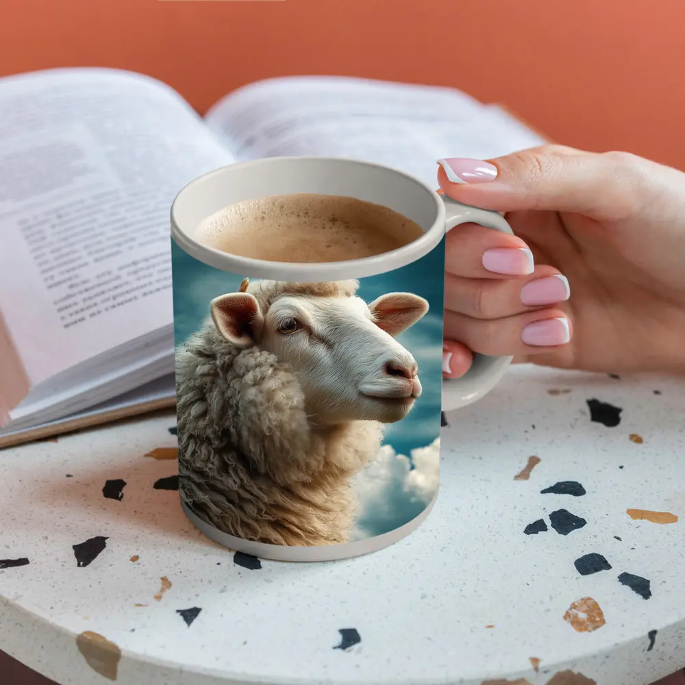 Wool Sheep Portrait Against Cloudy Blue Sky – Mugs