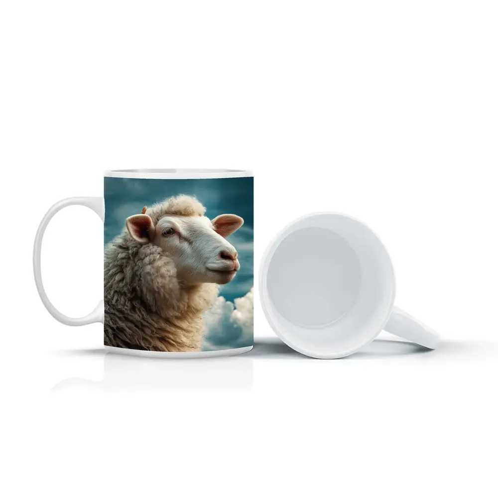 Wool Sheep Portrait Against Cloudy Blue Sky – Mugs