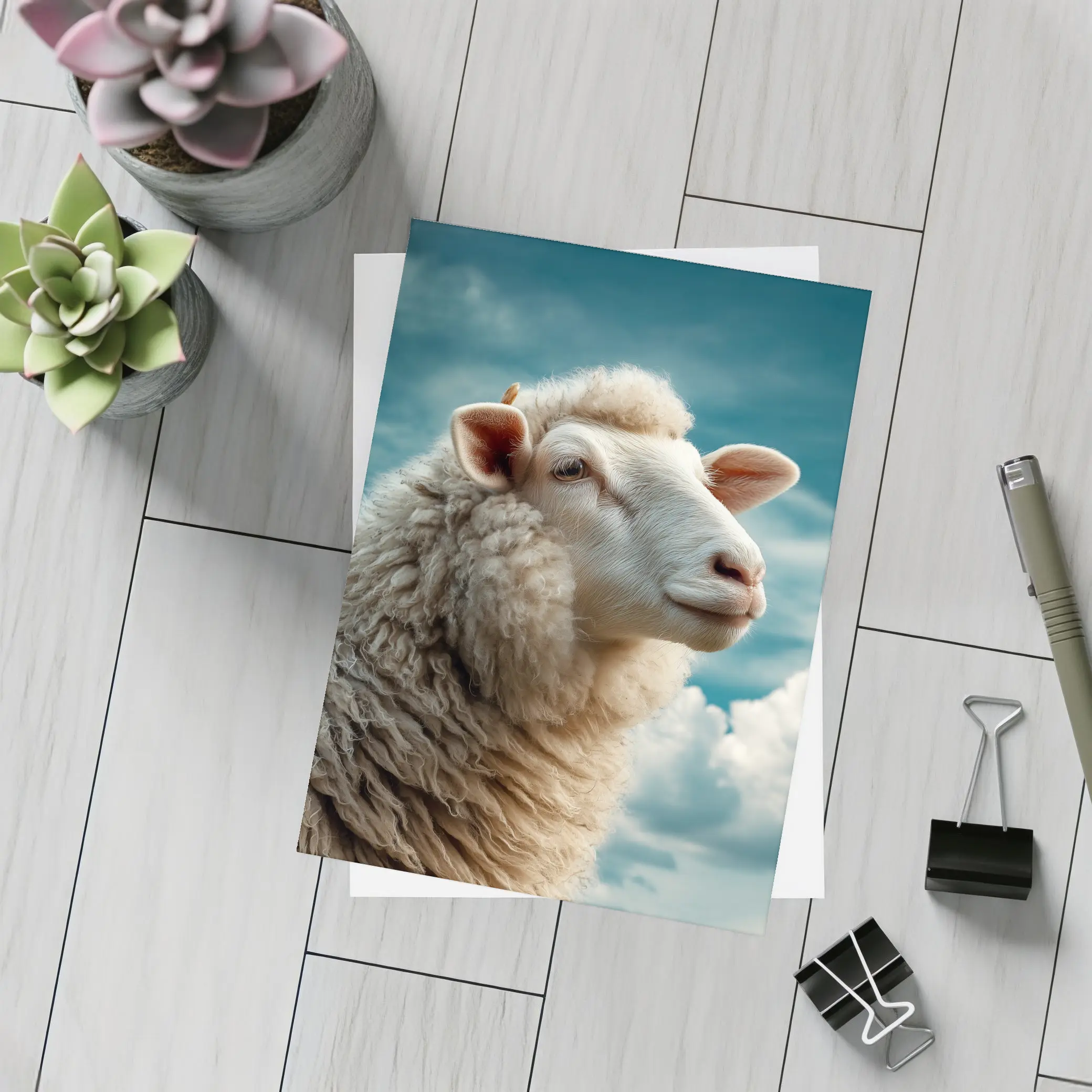 Wool Sheep Portrait Against Cloudy Blue Sky – Postcards