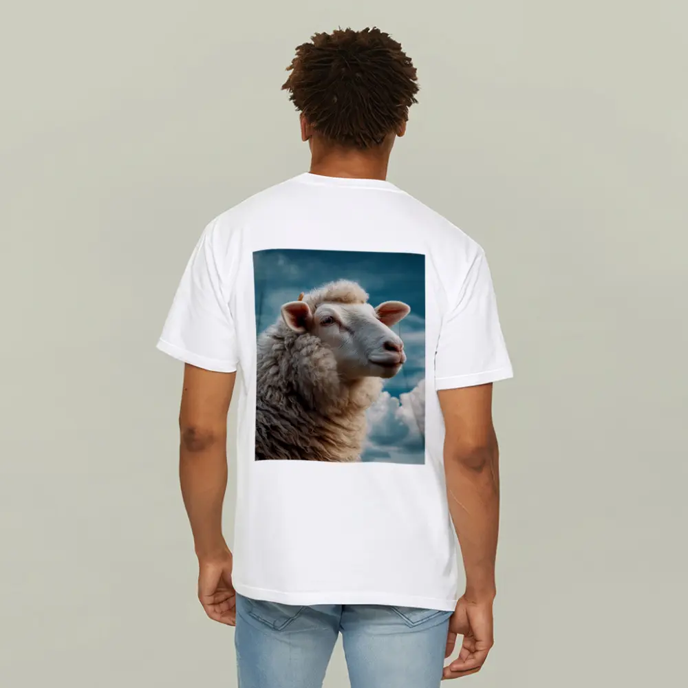 Wool Sheep Portrait Against Cloudy Blue Sky – T-Shirts