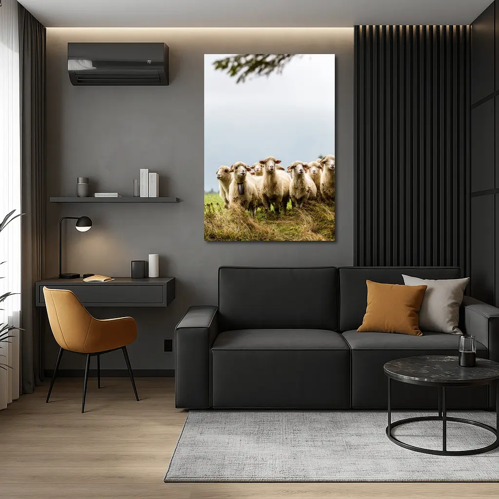 Flock of Sheep Standing in Green Field – Wall Art