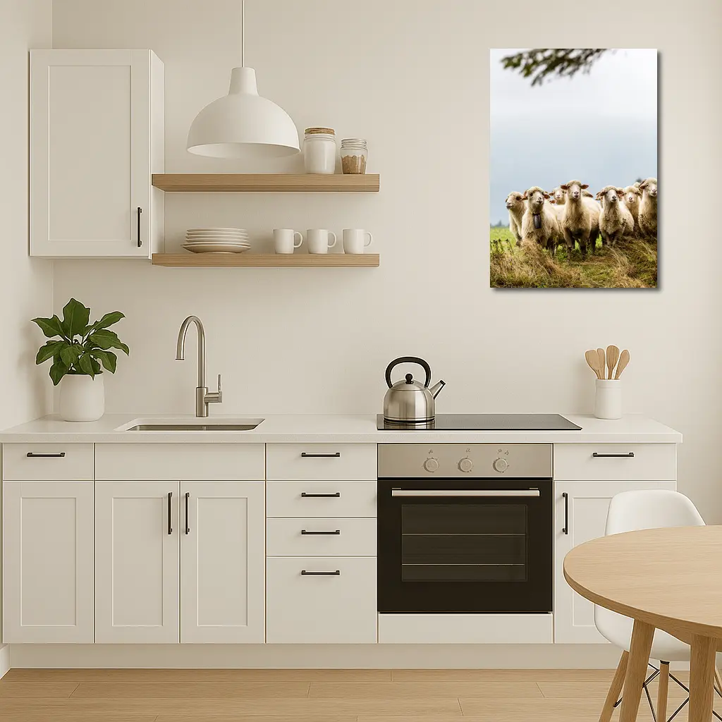 Flock of Sheep Standing in Green Field – Wall Art