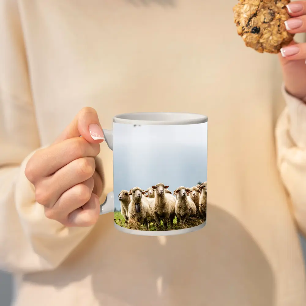 Flock of Sheep Standing in Green Field – Mugs