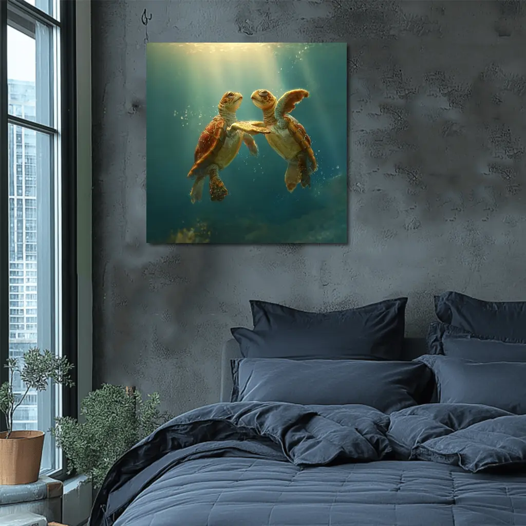 Two Sea Turtles Swimming Underwater Sunlight – Wall Art