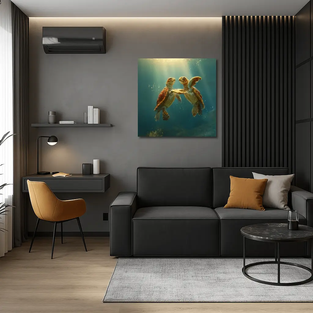Two Sea Turtles Swimming Underwater Sunlight – Wall Art