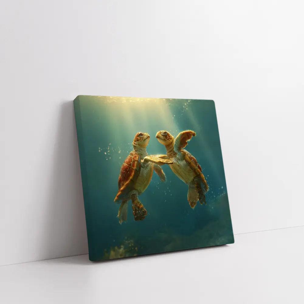 Two Sea Turtles Swimming Underwater Sunlight – Wall Art