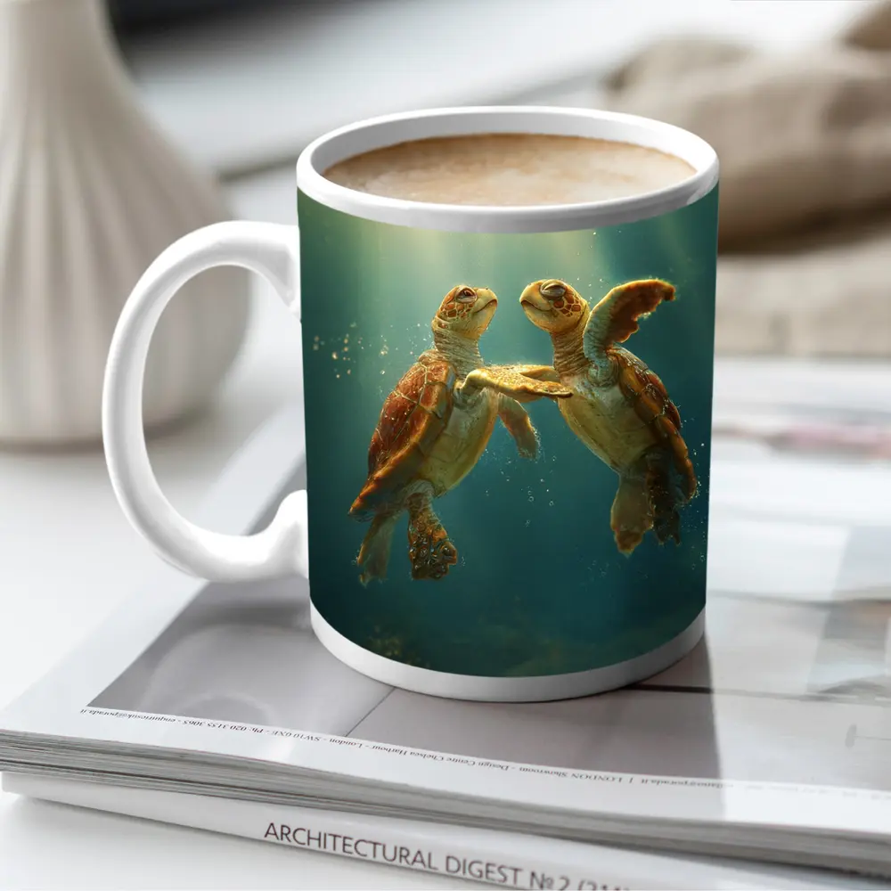 Two Sea Turtles Swimming Underwater Sunlight – Mugs