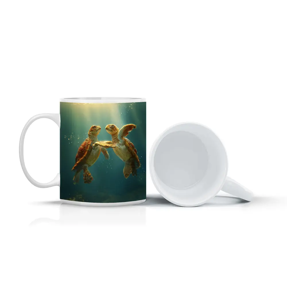 Two Sea Turtles Swimming Underwater Sunlight – Mugs