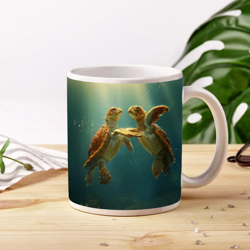 Two Sea Turtles Swimming Underwater Sunlight – Mugs