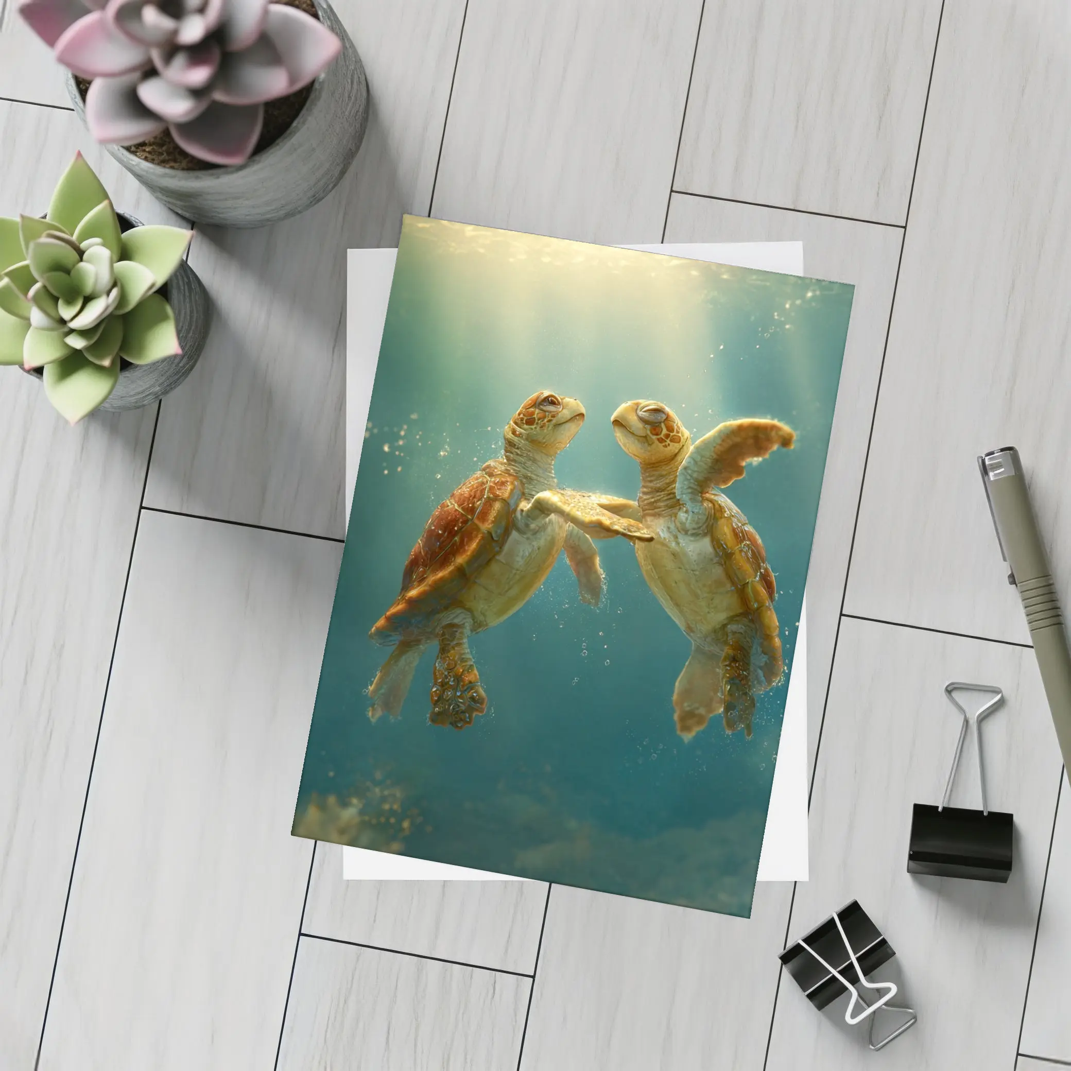 Two Sea Turtles Swimming Underwater Sunlight – Postcards