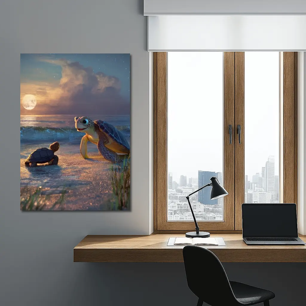 Sea Turtles on Moonlit Beach at Night – Wall Art