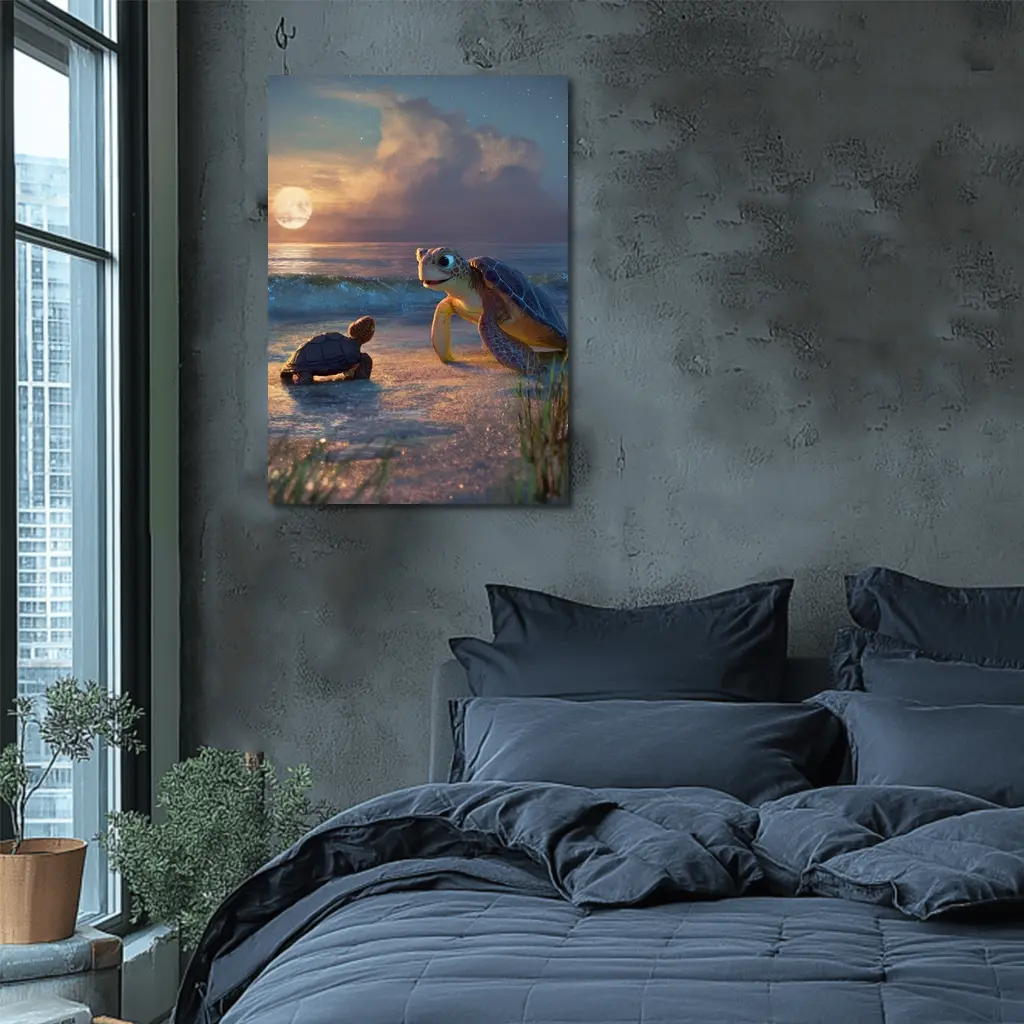 Sea Turtles on Moonlit Beach at Night – Wall Art