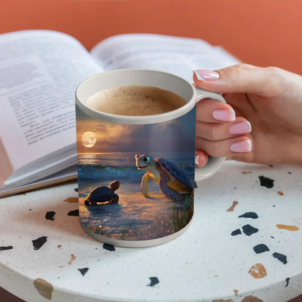 Sea Turtles on Moonlit Beach at Night – Mugs