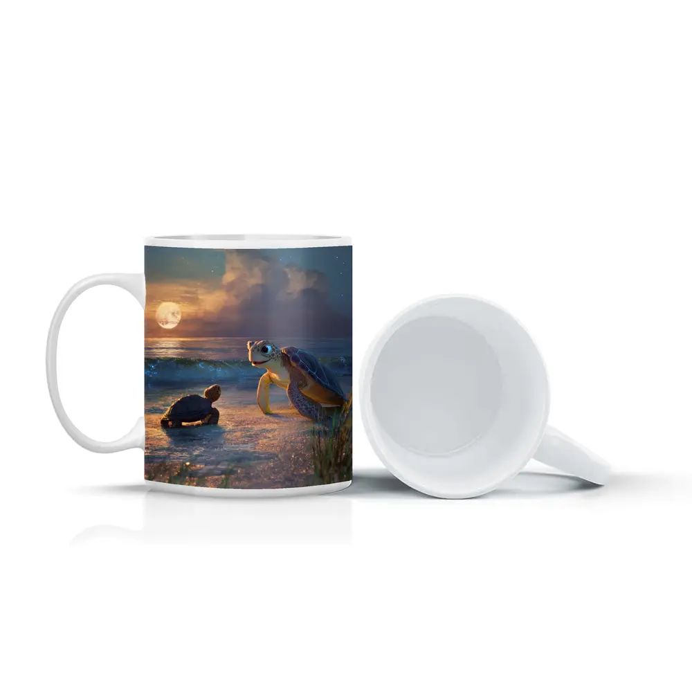 Sea Turtles on Moonlit Beach at Night – Mugs
