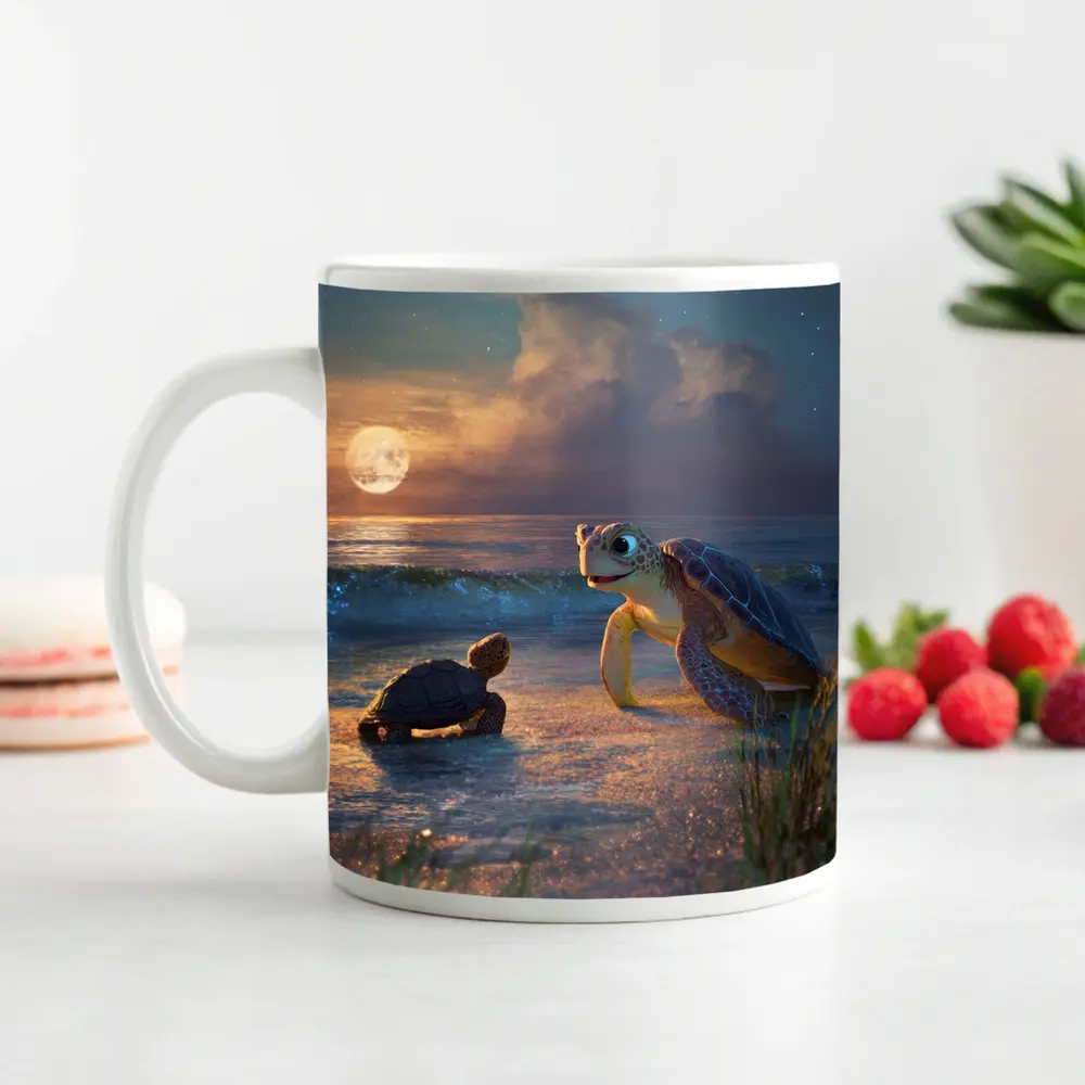 Sea Turtles on Moonlit Beach at Night – Mugs