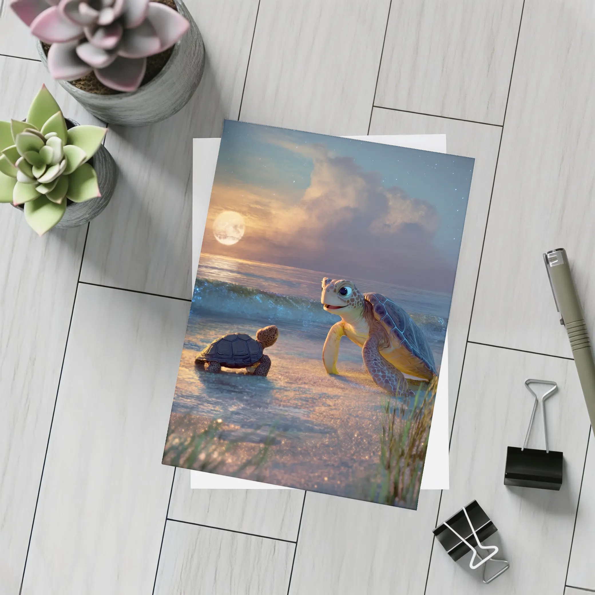 Sea Turtles on Moonlit Beach at Night – Postcards