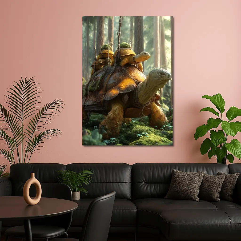 Fantasy Tortoise Warriors Riding Forest Path – Wall Art