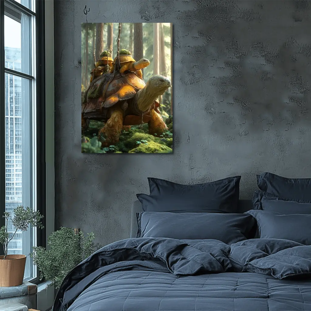 Fantasy Tortoise Warriors Riding Forest Path – Wall Art