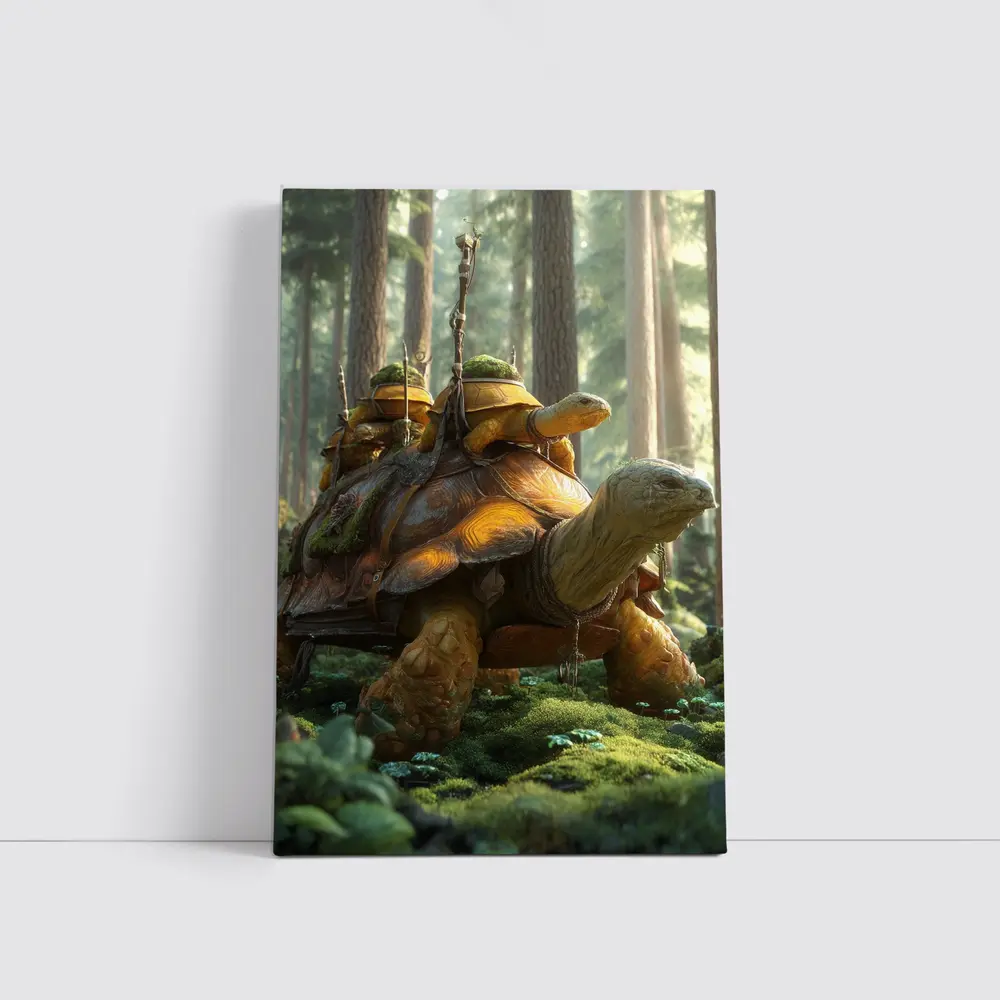 Fantasy Tortoise Warriors Riding Forest Path – Wall Art