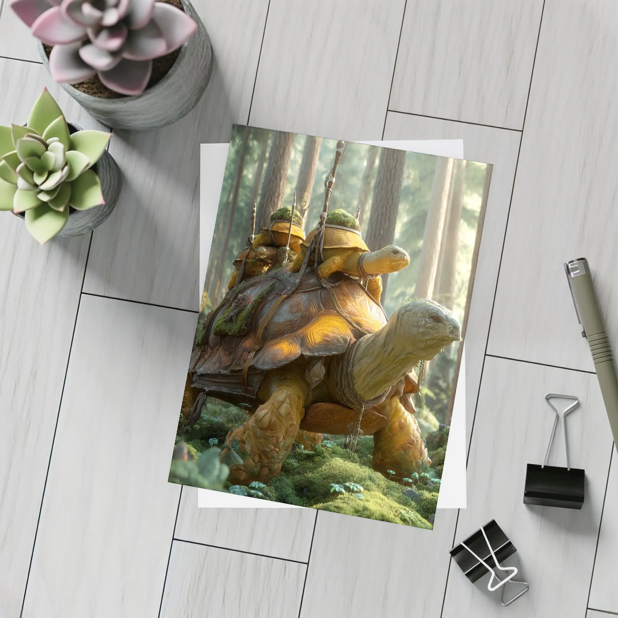 Fantasy Tortoise Warriors Riding Forest Path – Postcards