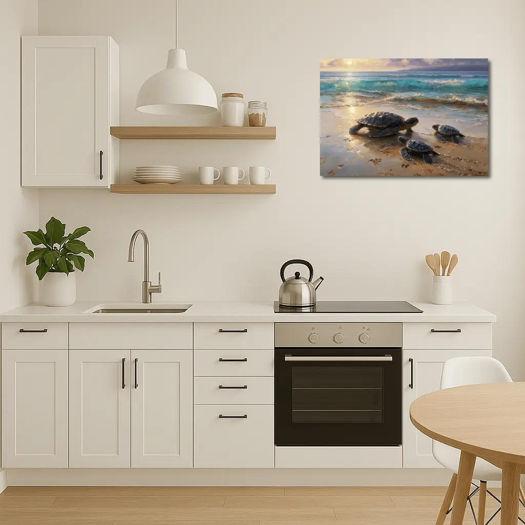 Sea Turtles Walking on Sunny Beach Shore – Wall Art