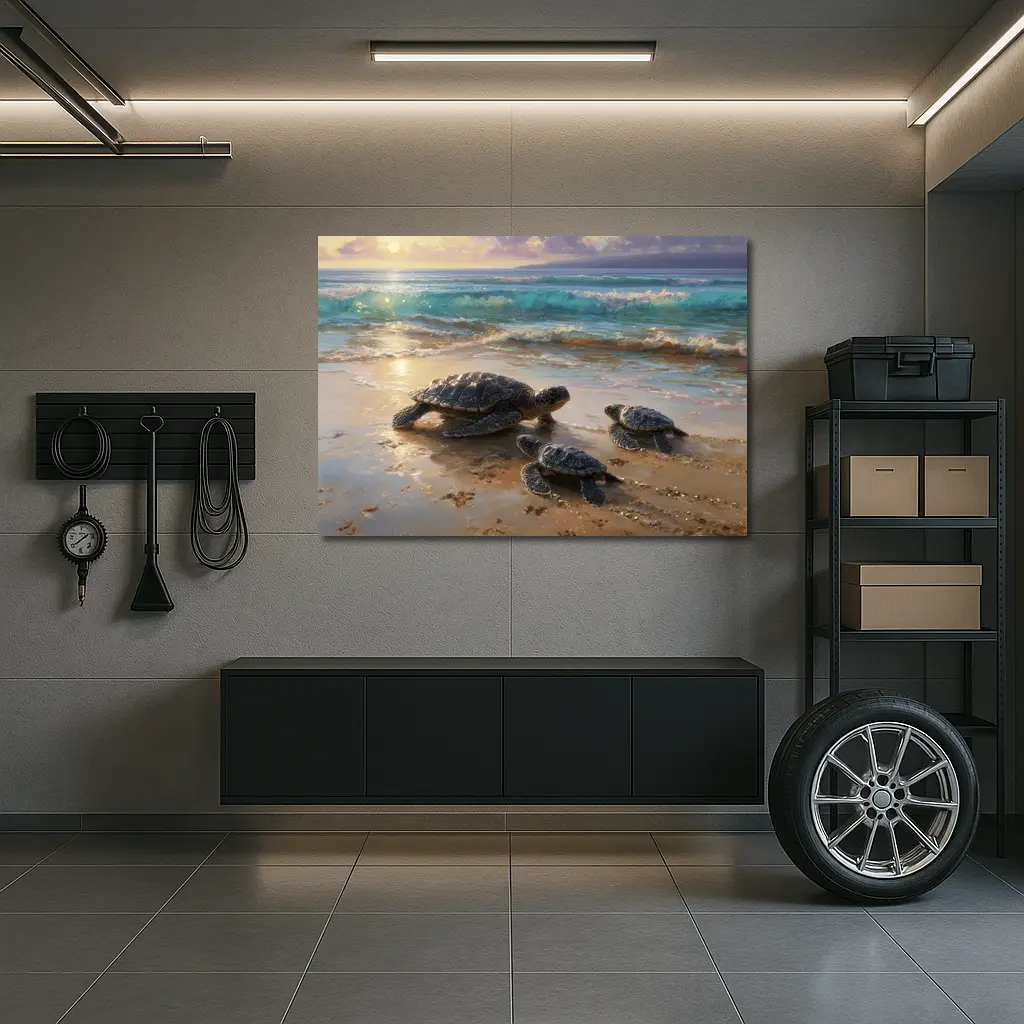 Sea Turtles Walking on Sunny Beach Shore – Wall Art