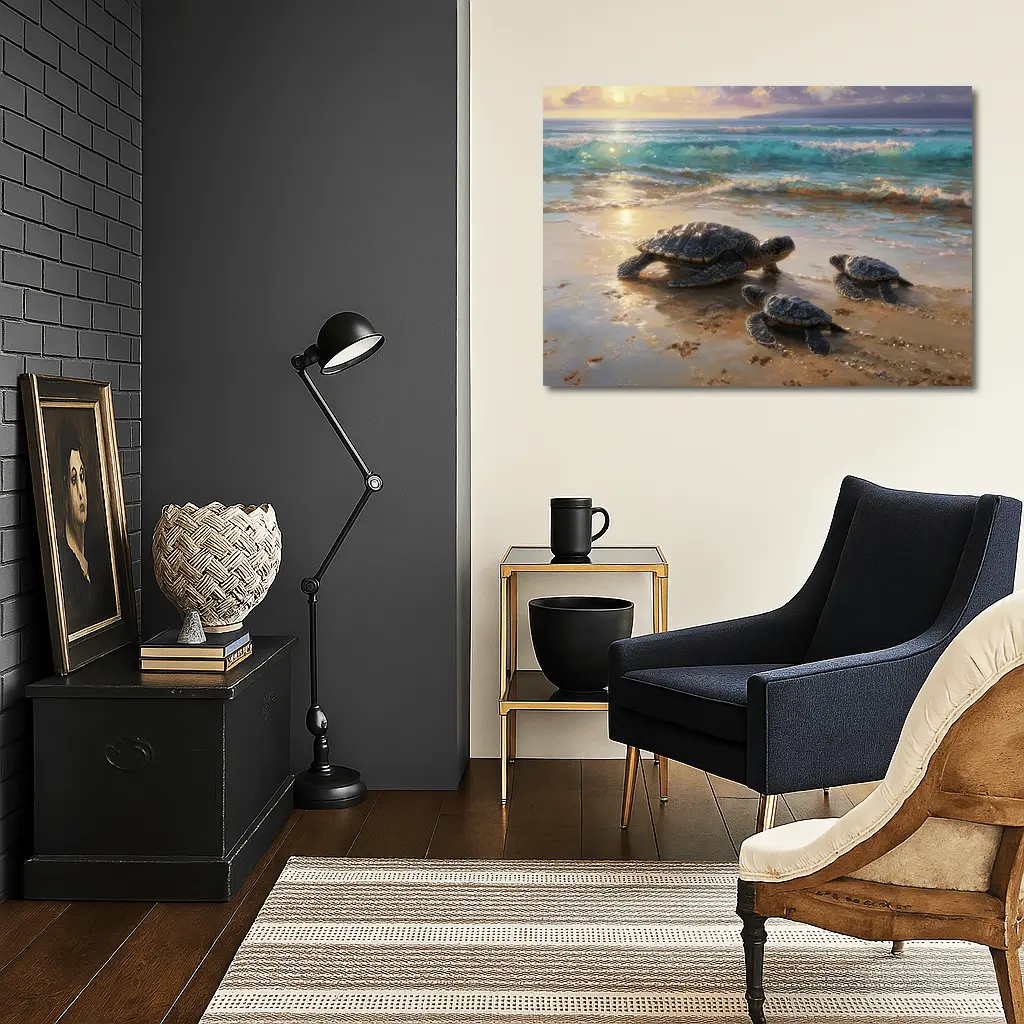 Sea Turtles Walking on Sunny Beach Shore – Wall Art