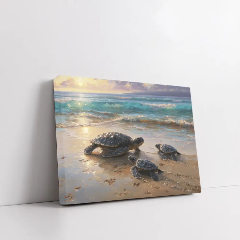 Sea Turtles Walking on Sunny Beach Shore – Wall Art