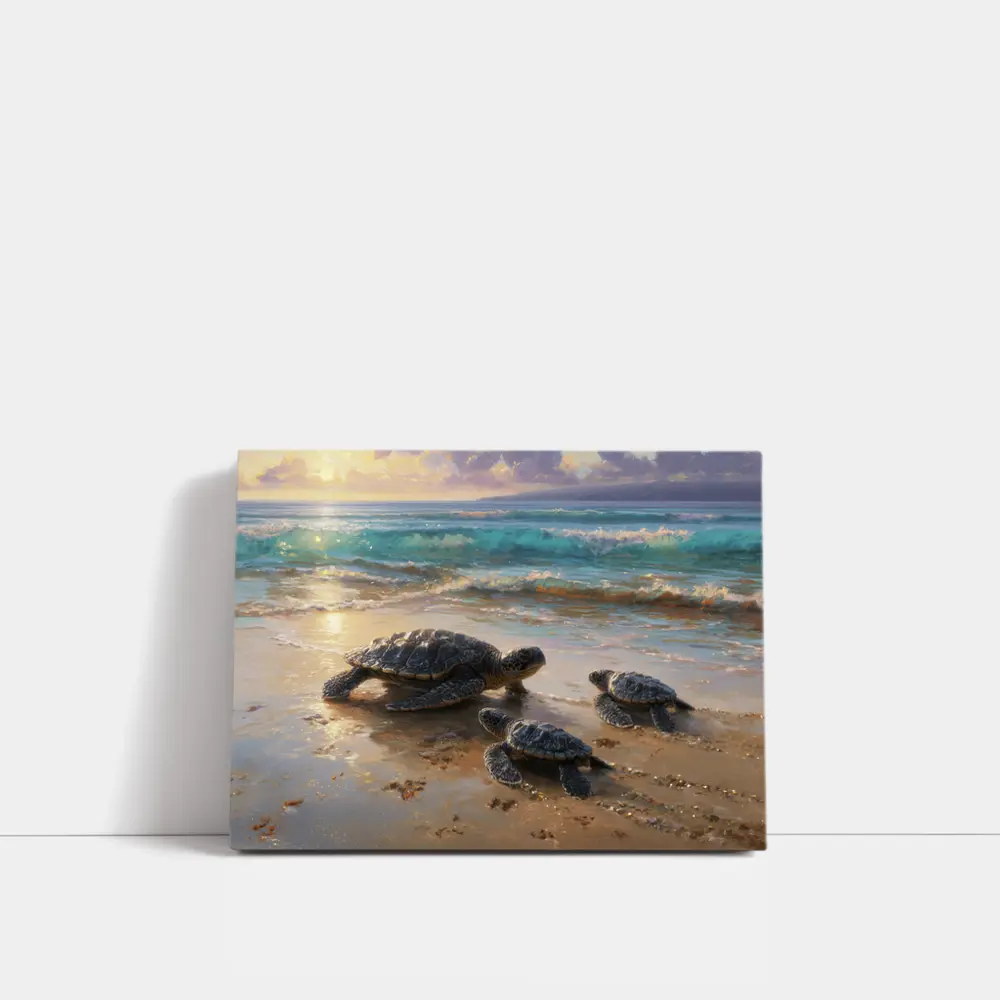 Sea Turtles Walking on Sunny Beach Shore – Wall Art