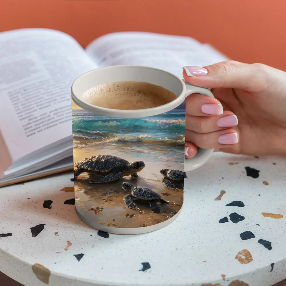 Sea Turtles Walking on Sunny Beach Shore – Mugs