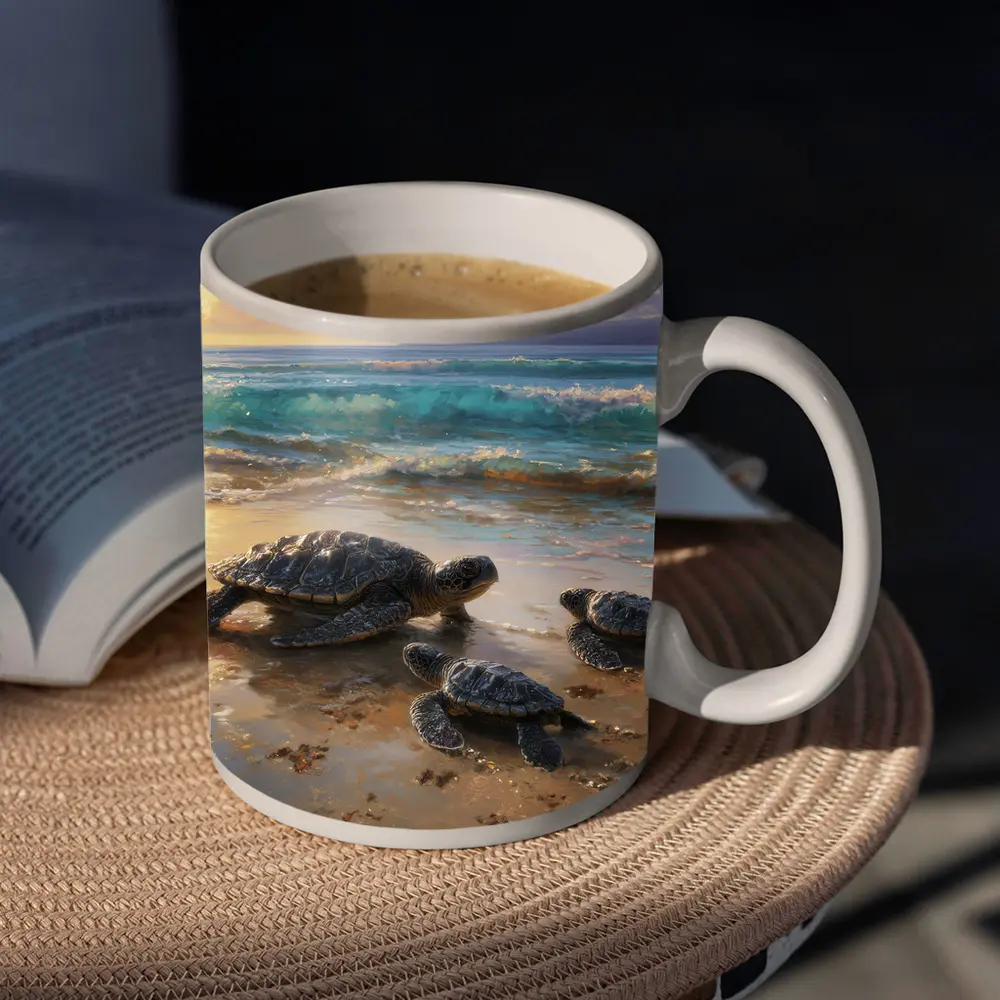 Sea Turtles Walking on Sunny Beach Shore – Mugs