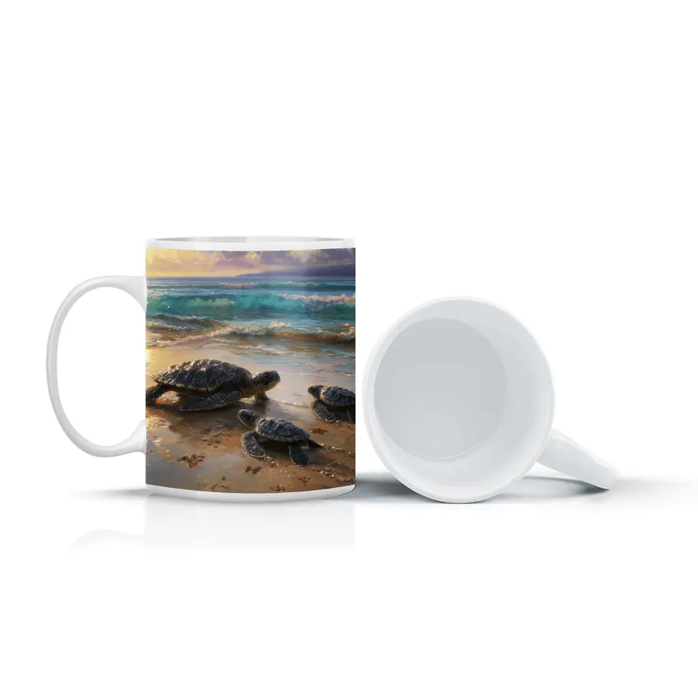 Sea Turtles Walking on Sunny Beach Shore – Mugs