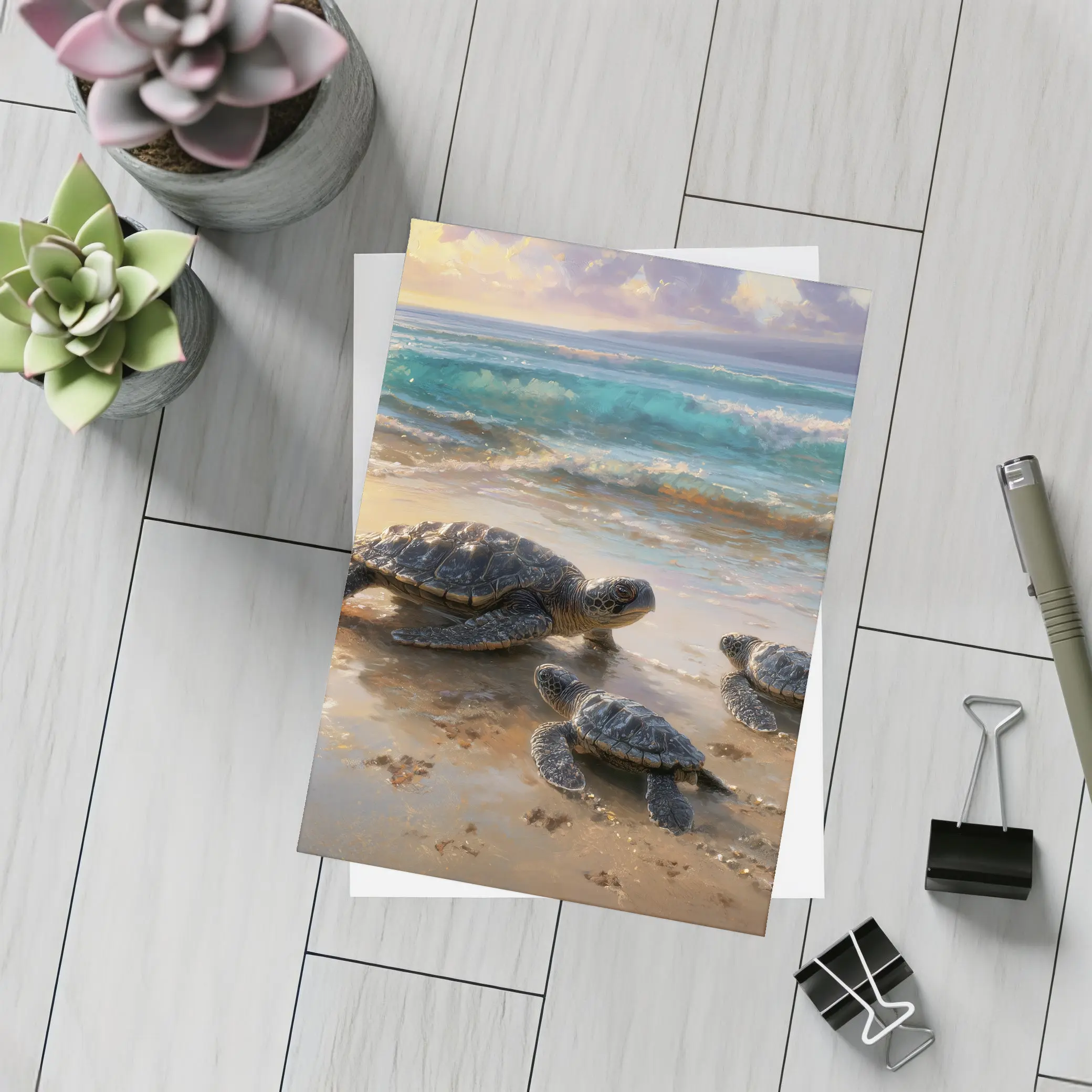 Sea Turtles Walking on Sunny Beach Shore – Postcards
