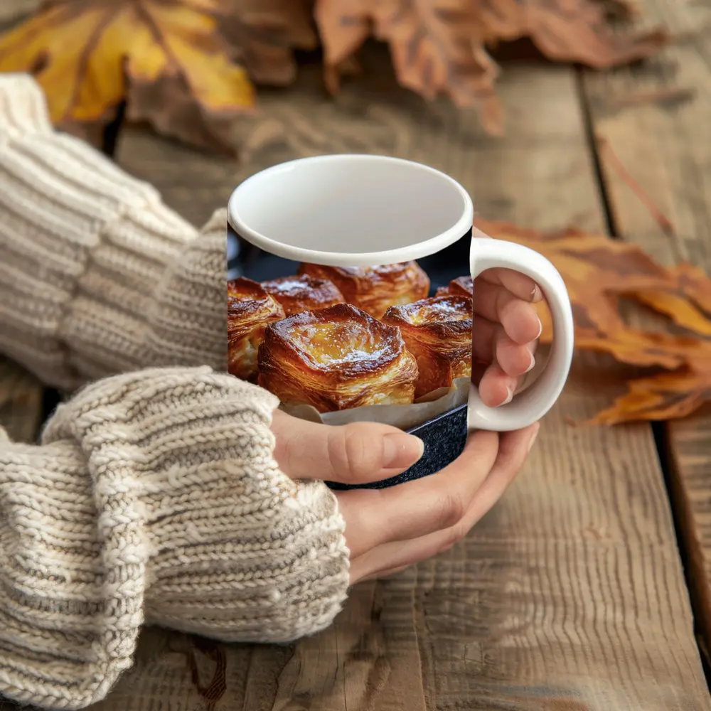 Golden Flaky Pastries In Dark Baking Pan – Mugs