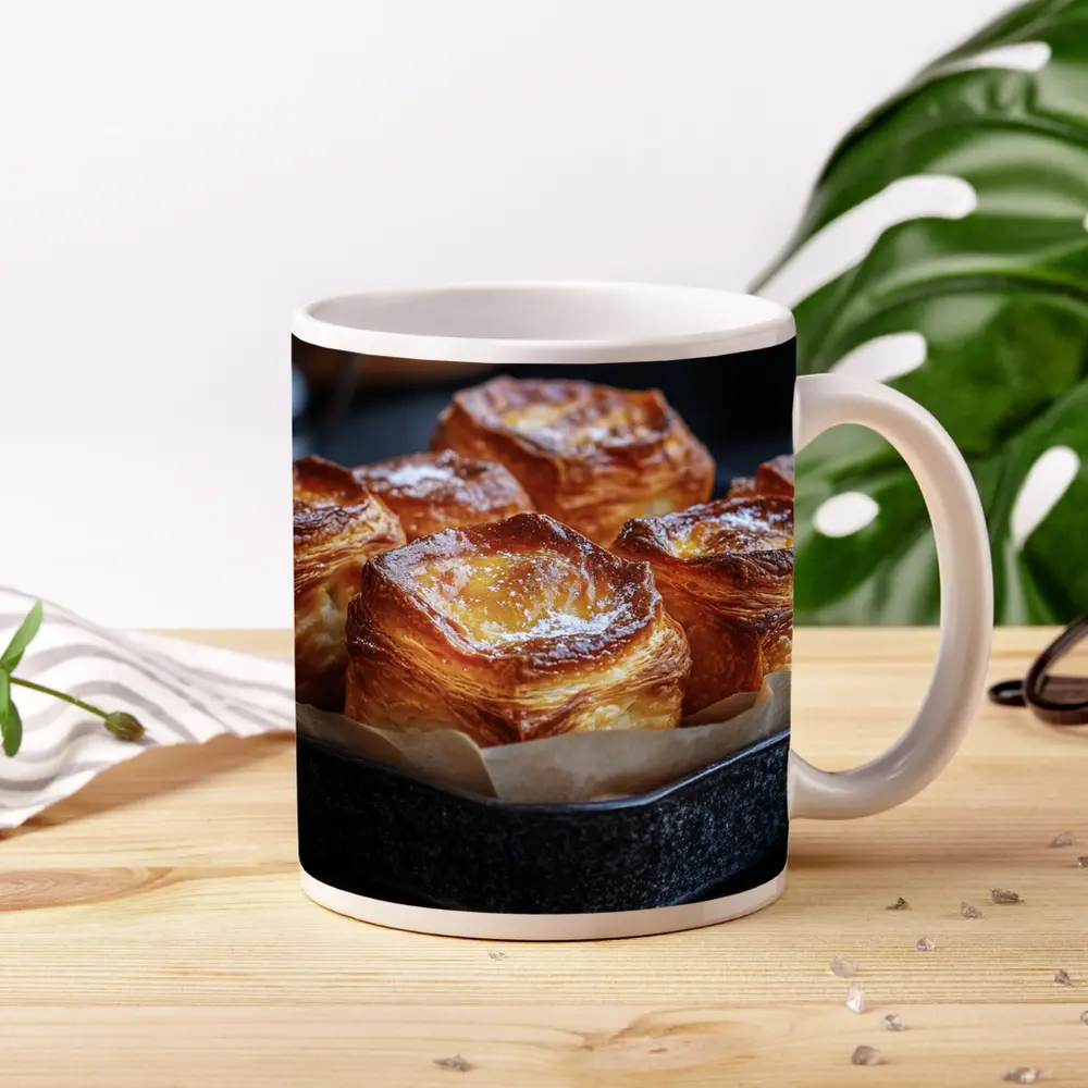 Golden Flaky Pastries In Dark Baking Pan – Mugs