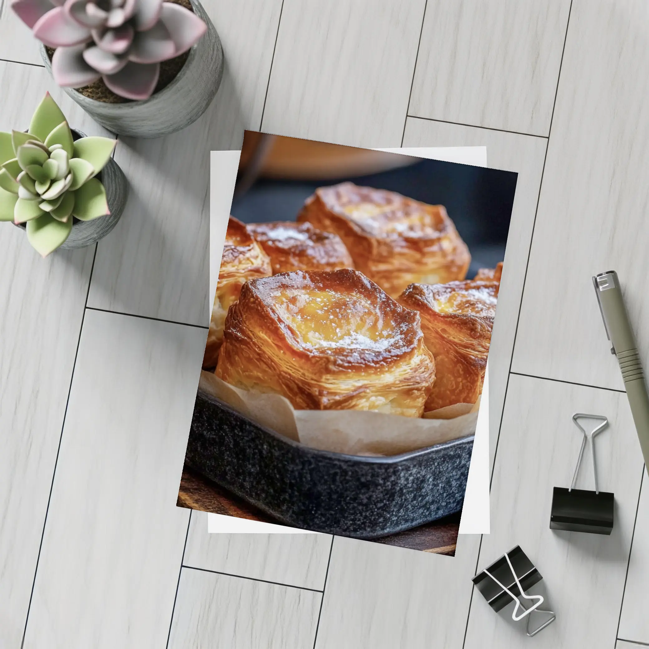 Golden Flaky Pastries In Dark Baking Pan – Postcards