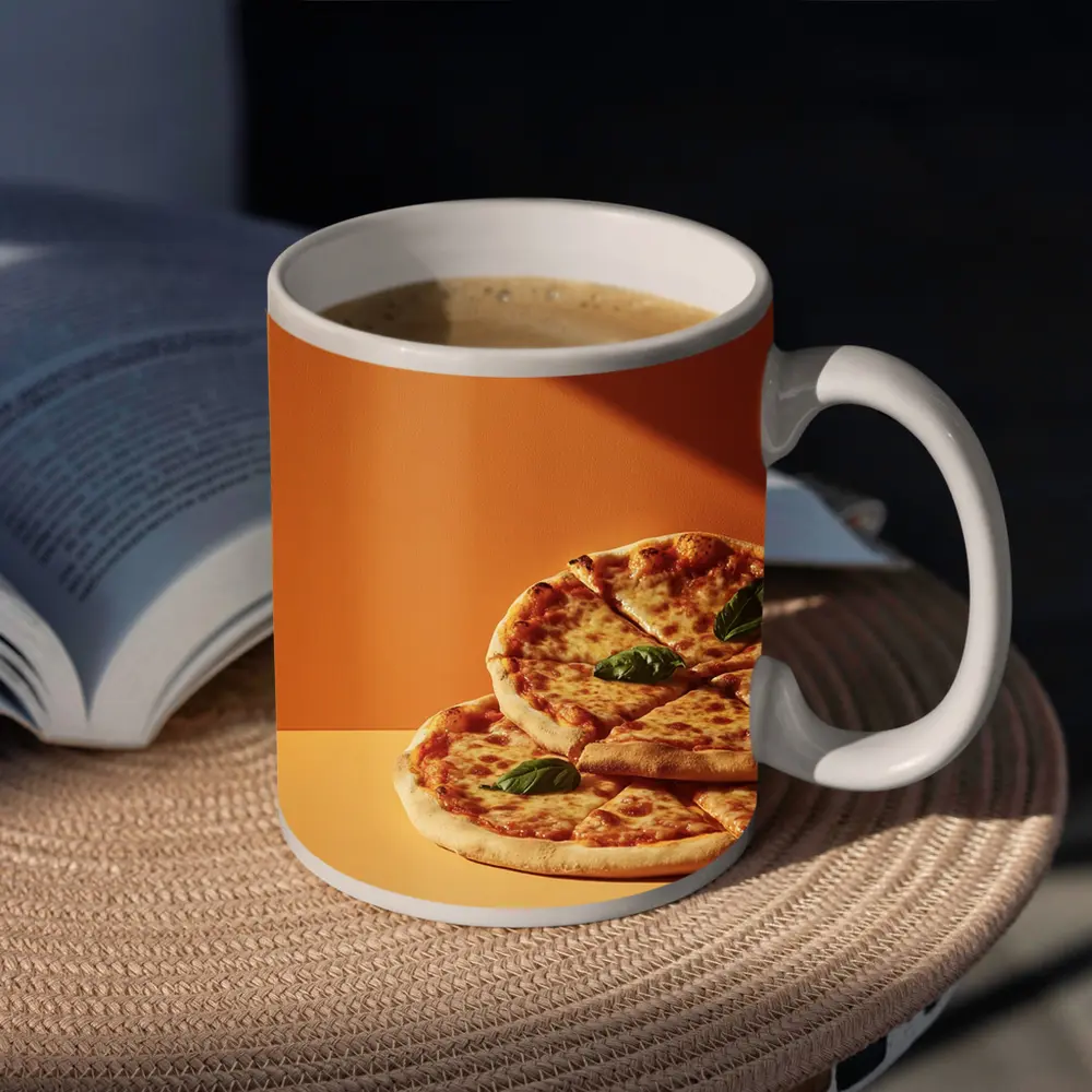 Margherita Pizza Two Slices Orange Background – Mugs
