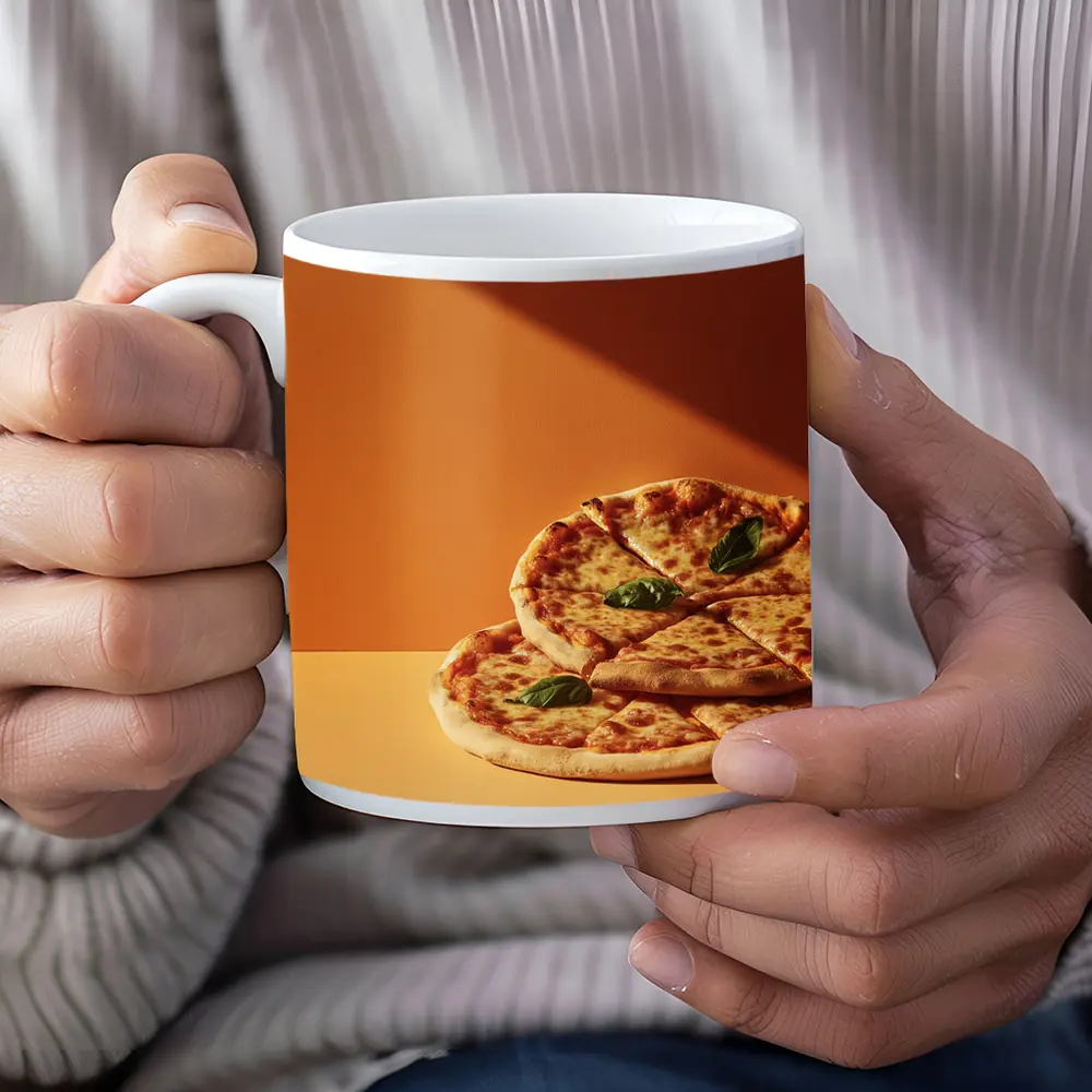 Margherita Pizza Two Slices Orange Background – Mugs
