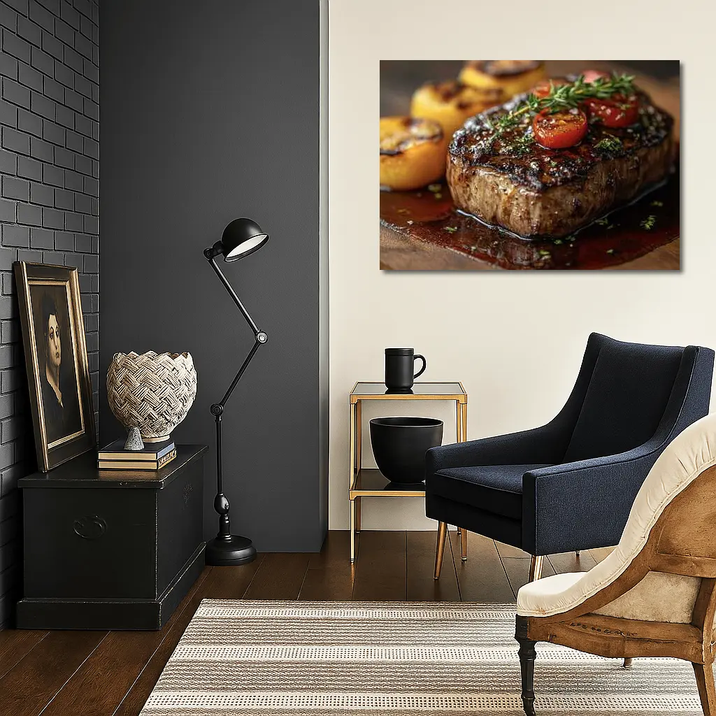 Grilled Steak Tomatoes Herbs Wooden Board – Wall Art