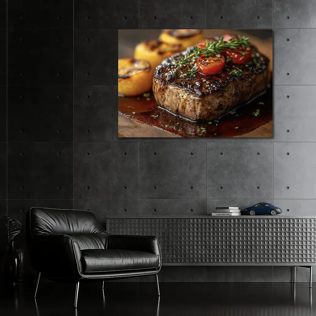 Grilled Steak Tomatoes Herbs Wooden Board – Wall Art