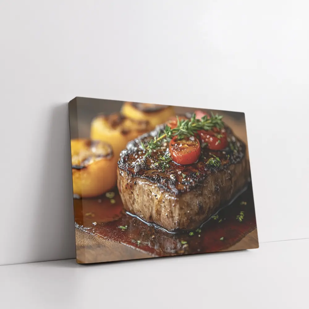 Grilled Steak Tomatoes Herbs Wooden Board – Wall Art