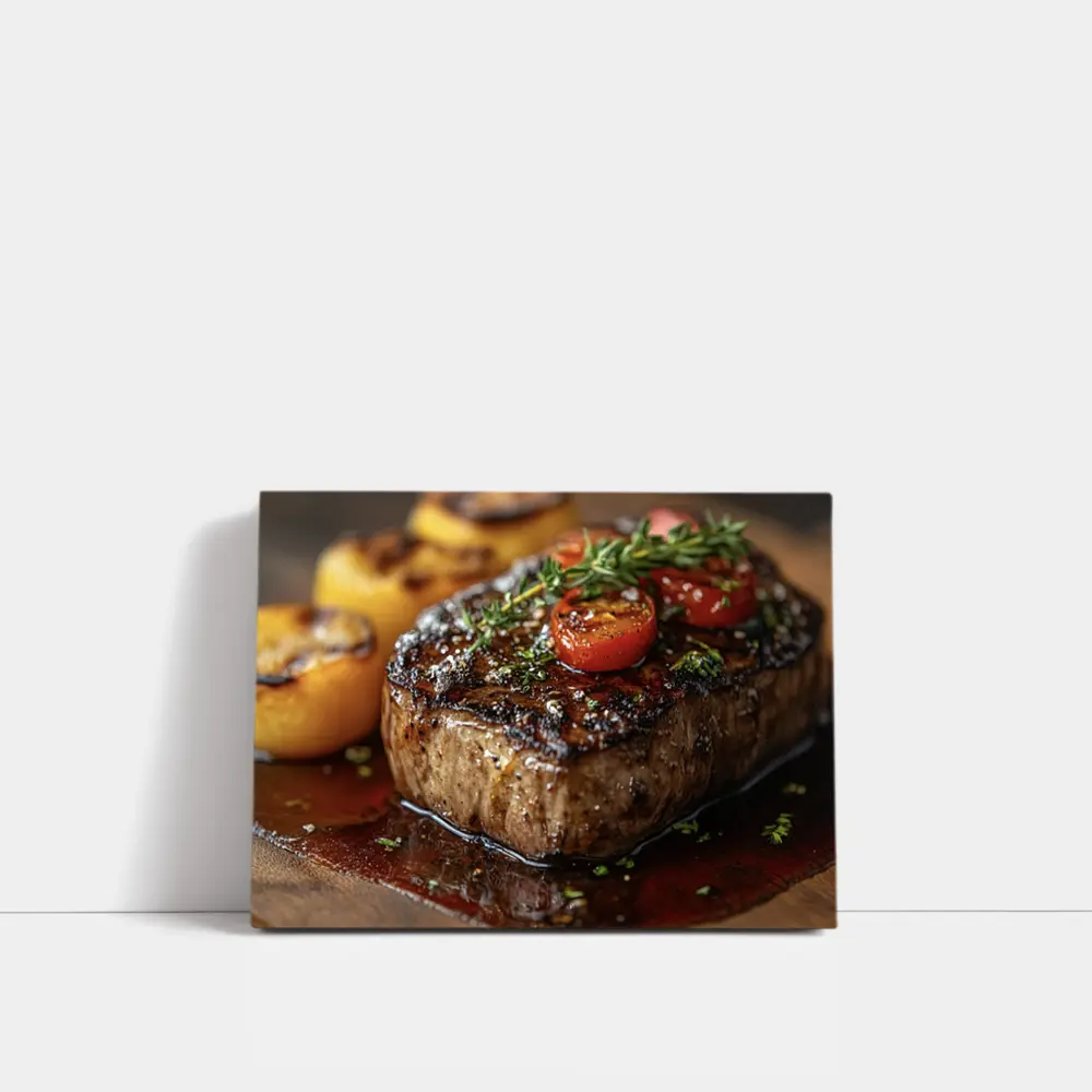 Grilled Steak Tomatoes Herbs Wooden Board – Wall Art