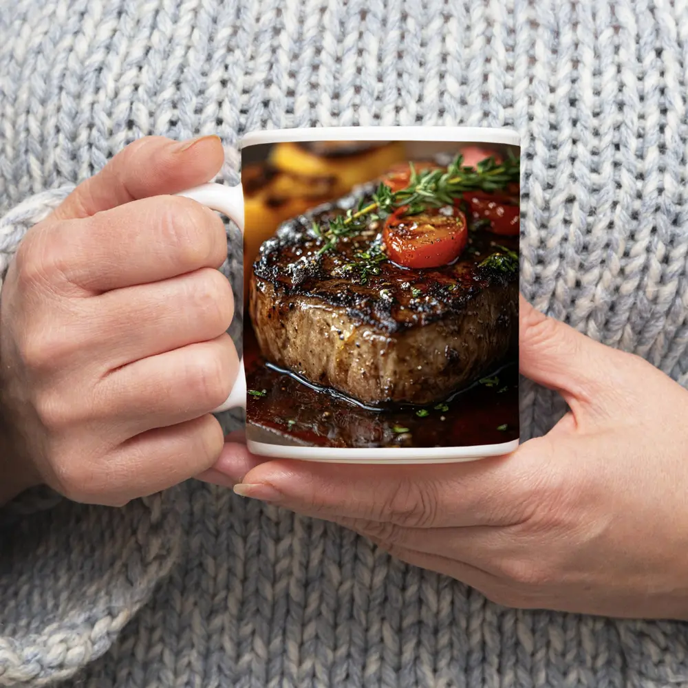 Grilled Steak Tomatoes Herbs Wooden Board – Mugs