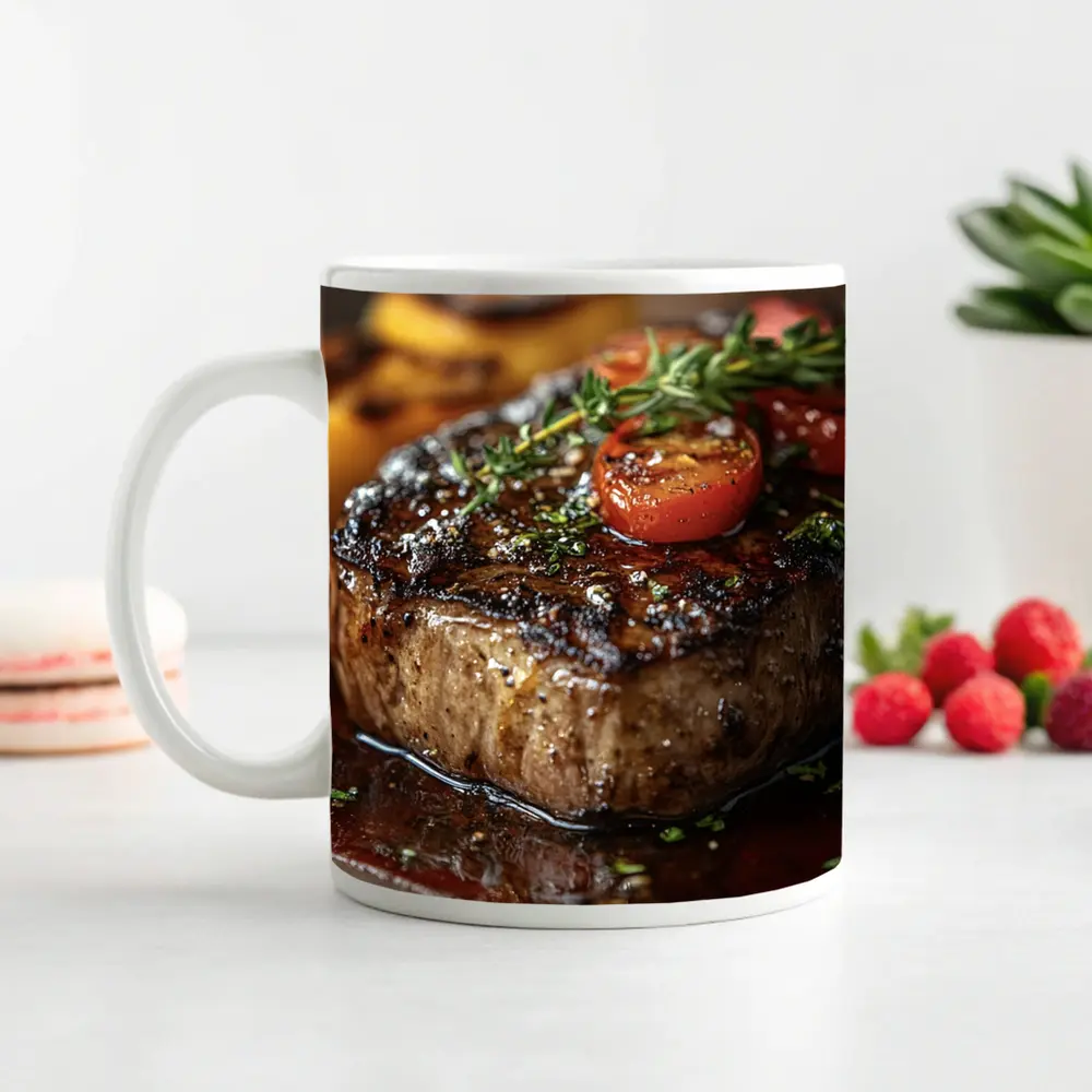 Grilled Steak Tomatoes Herbs Wooden Board – Mugs