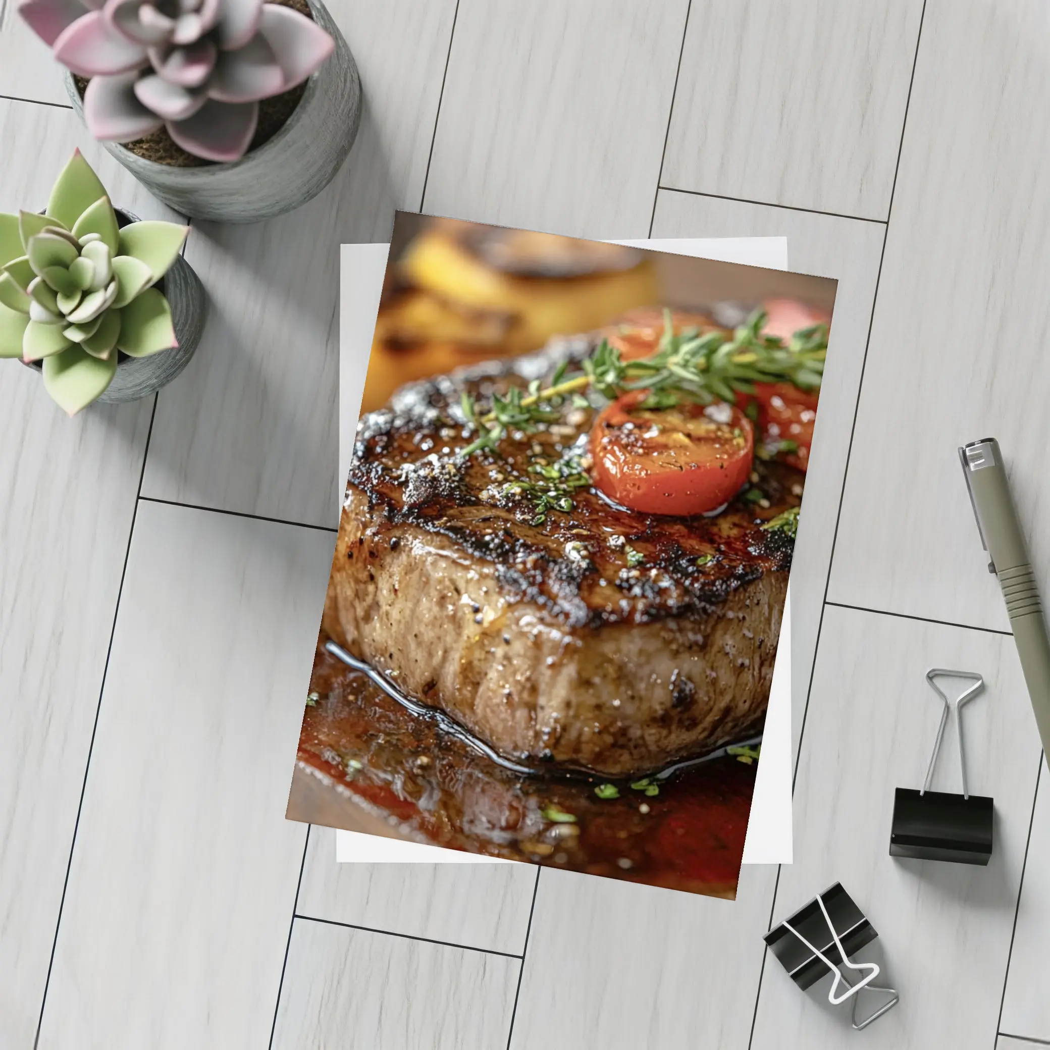 Grilled Steak Tomatoes Herbs Wooden Board – Postcards
