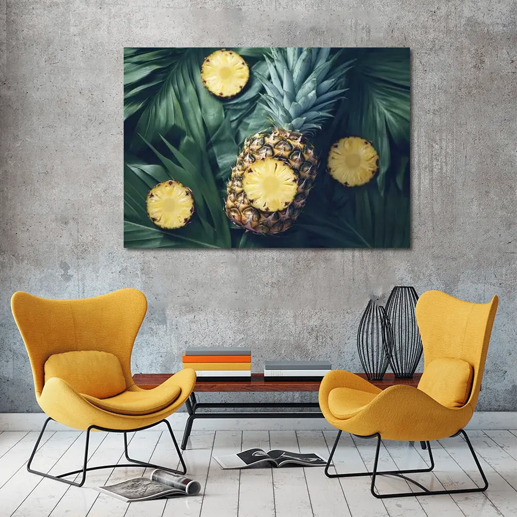 Pineapple Slices On Tropical Palm Leaves – Wall Art