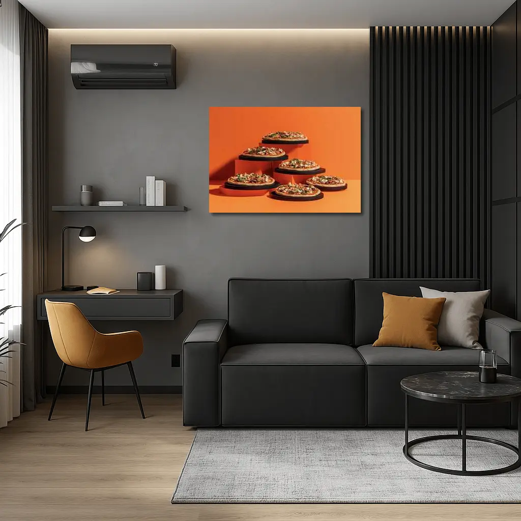 Multiple Pizzas Displayed On Orange Background – Wall Art