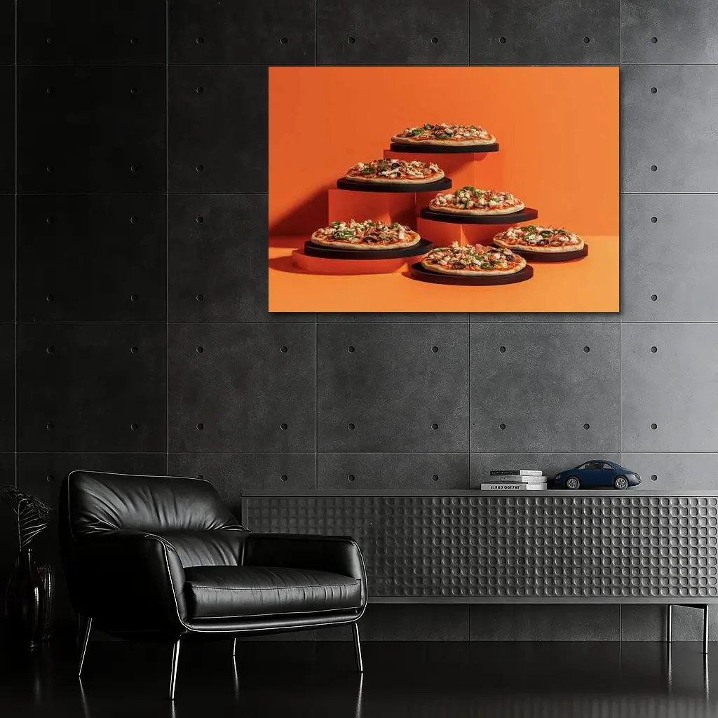 Multiple Pizzas Displayed On Orange Background – Wall Art