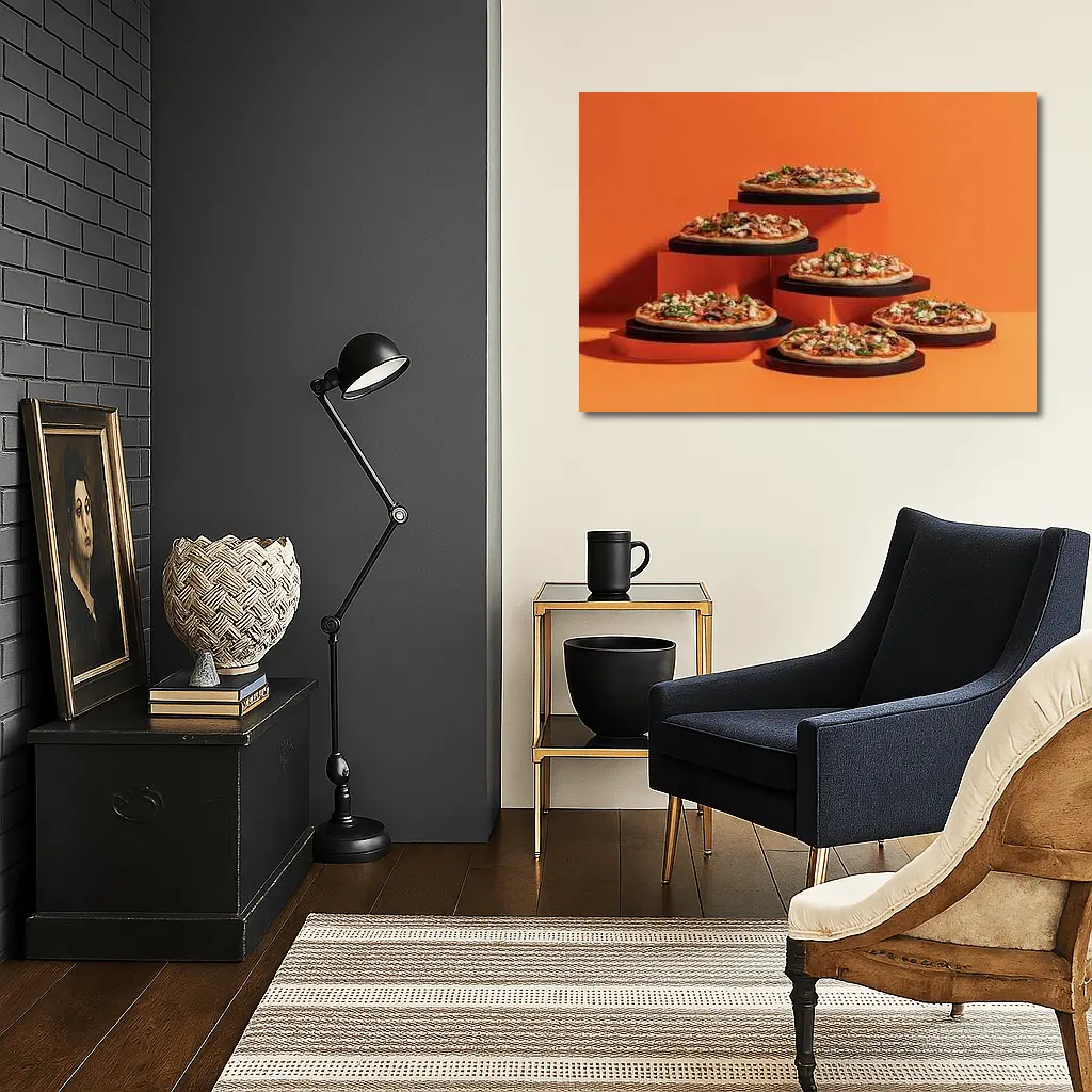 Multiple Pizzas Displayed On Orange Background – Wall Art